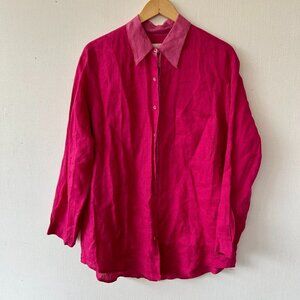Dana B by Karen Linen Blouse Womens Size 12 Pink Collared Button Front Top FLAW